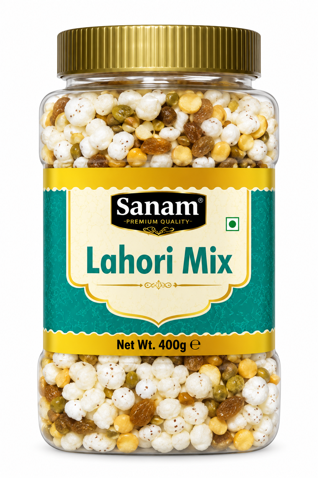 Sanam Lahori Mix 400g jar with teal and cream packaging, gold lid, and a clear container showing the savoury snack mix.