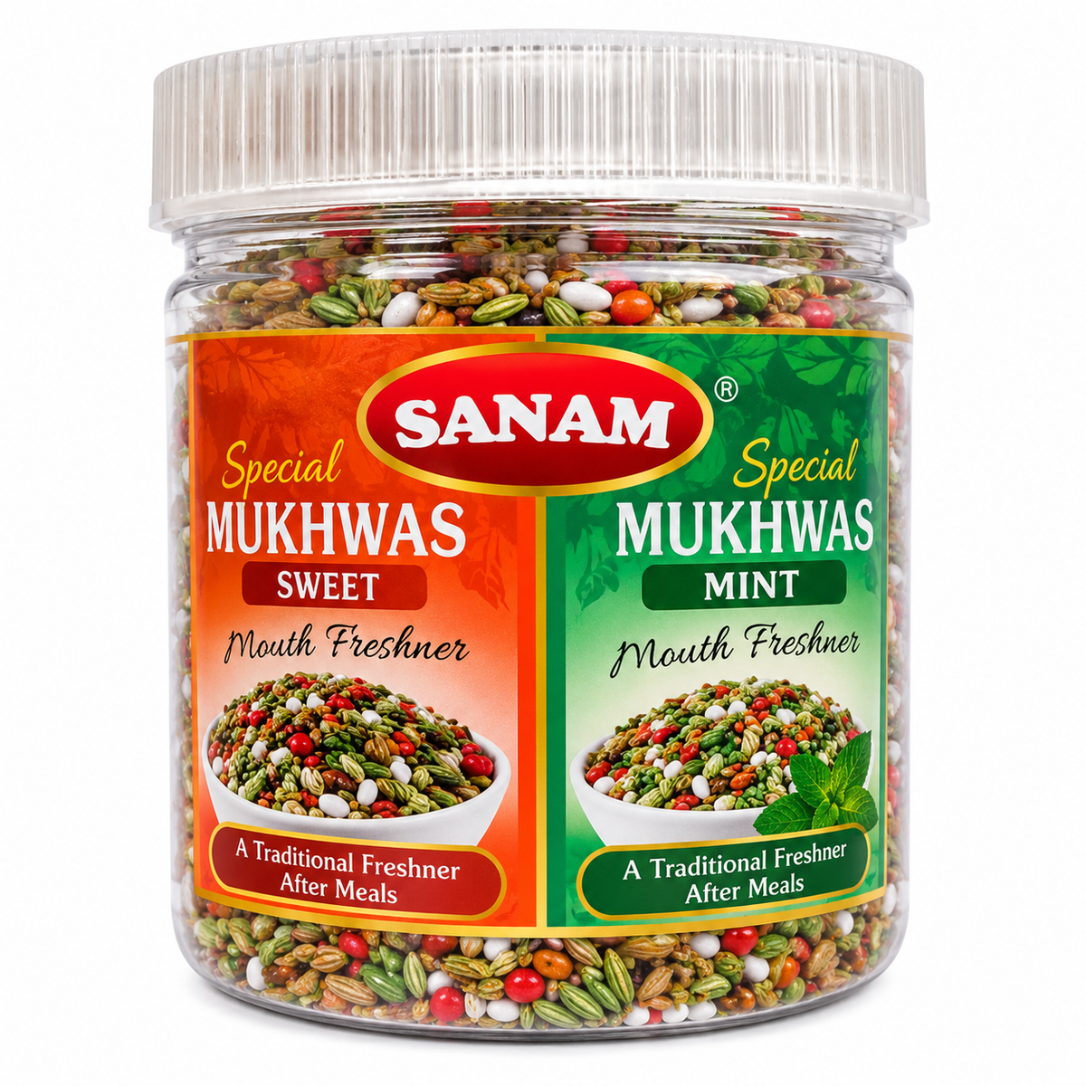 Sanam Mukhwas 250g clear plastic jar featuring colourful sweet and mint mouth freshener seeds, orange and green packaging labels, and a transparent screw-top lid.
