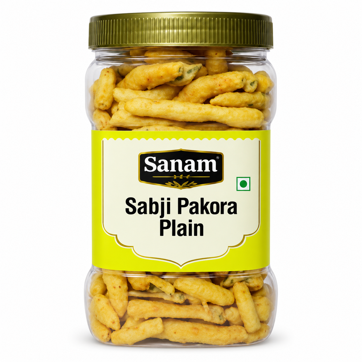 Sanam Plain Sabji Pakora 400g jar featuring a clear plastic container, olive-gold lid and yellow label, filled with golden savoury pakora snacks, ideal for Indian snack lovers and everyday savoury snacking.