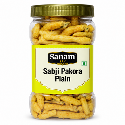 Sanam Plain Sabji Pakora 400g jar featuring a clear plastic container, olive-gold lid and yellow label, filled with golden savoury pakora snacks, ideal for Indian snack lovers and everyday savoury snacking.