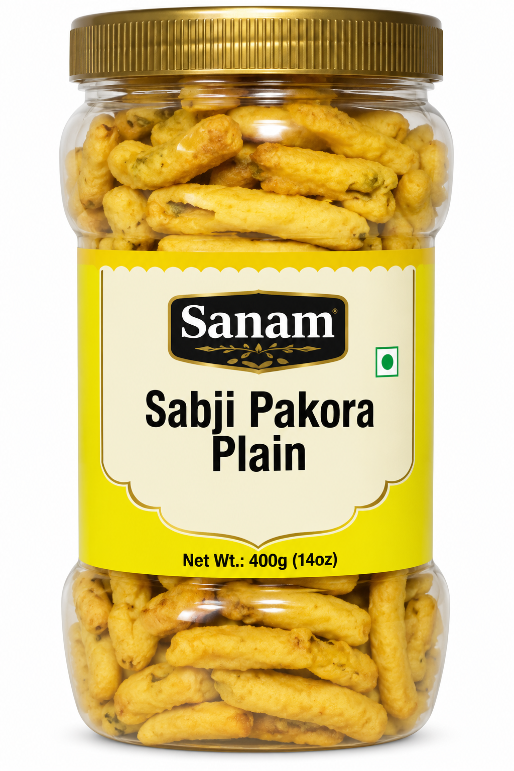 Sanam Spicy Sabji Pakora 400g jar featuring a clear plastic container filled with golden, crunchy sabji pakora snacks, a green screw-top lid and a yellow and white Sanam label, ideal for Indian snacking, tea-time treats and savoury snack lovers.