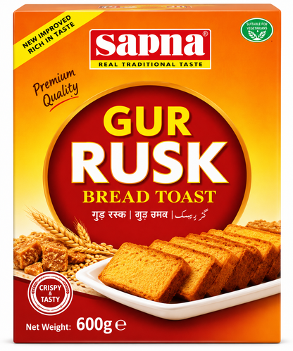 Sapna Gur Rusk Bread Toast 600g Orange Packaging with Golden Toasted Rusks