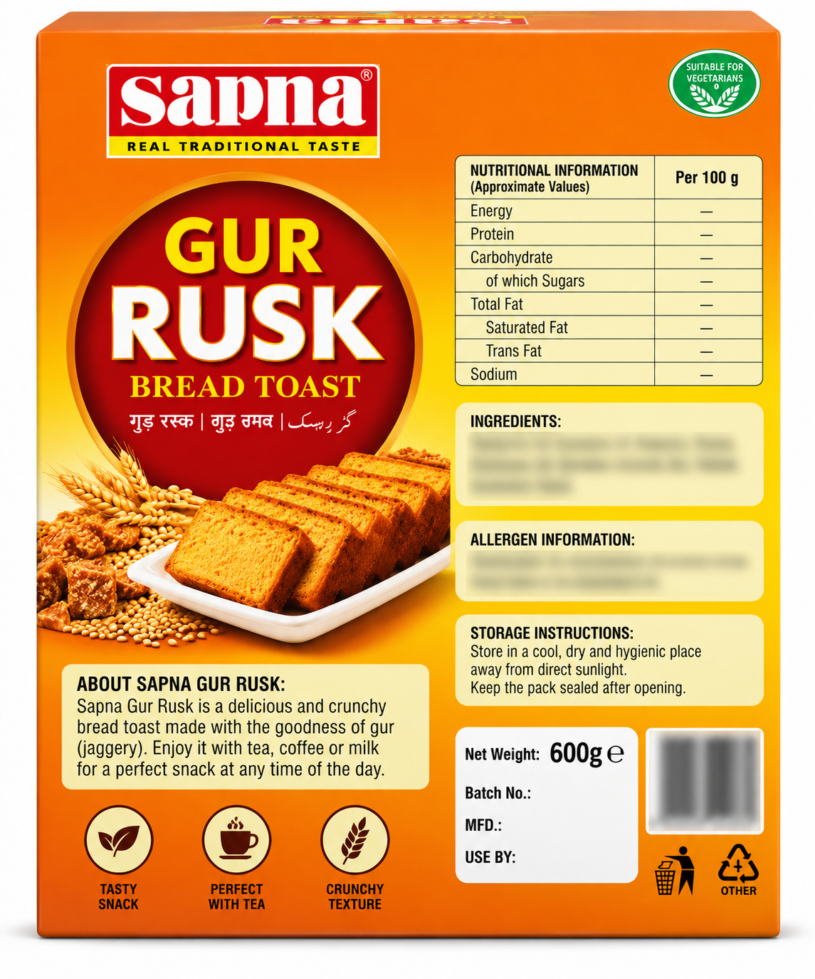 Sapna Gur Rusk 600g Back Packaging View with  Ingredients, Nutrition Panel and Product Details