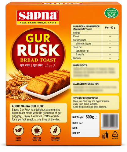 Sapna Gur Rusk 600g Back Packaging View with  Ingredients, Nutrition Panel and Product Details