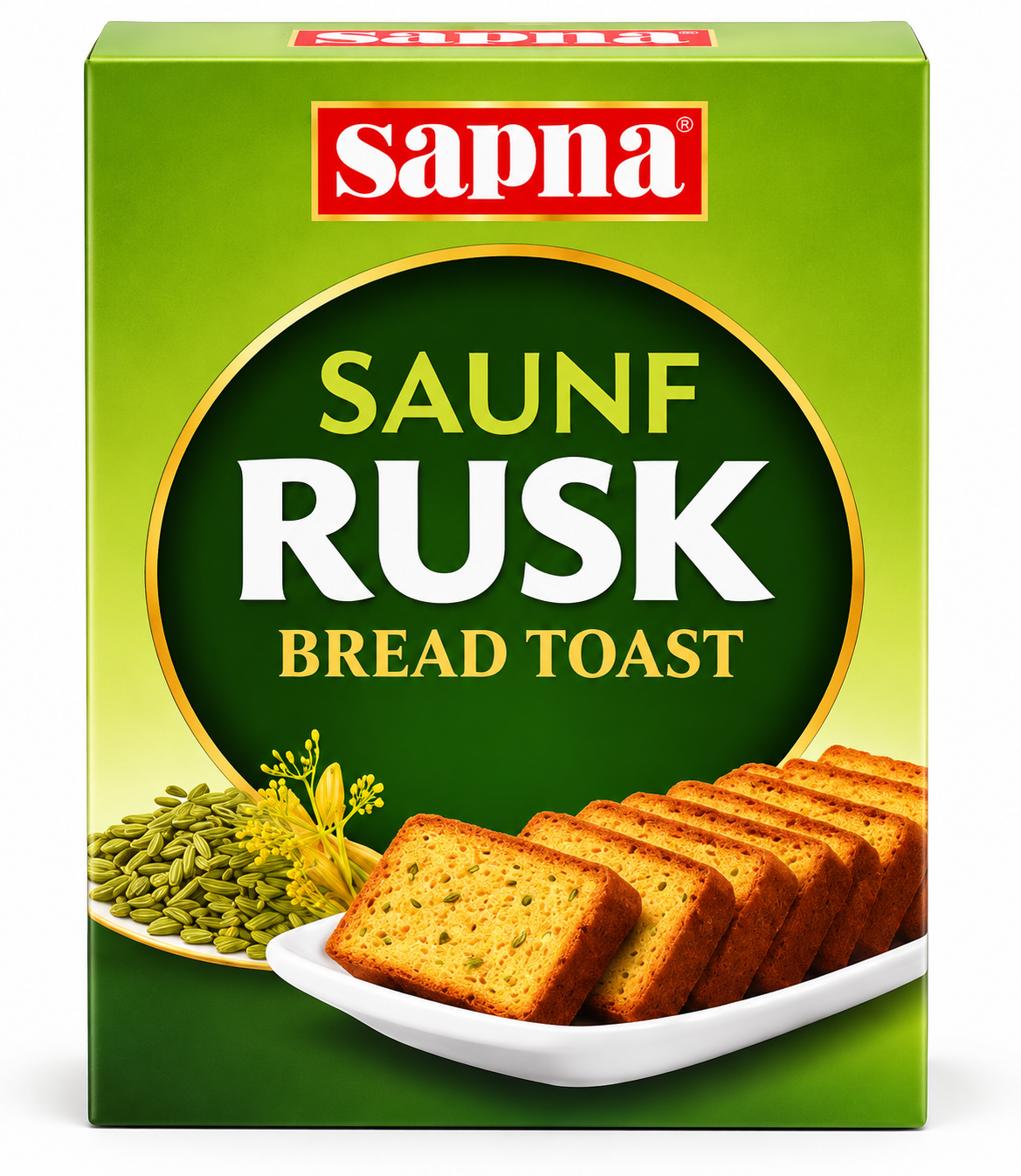 Sapna Saunf Rusk Bread Toast 600g Green Pack Featuring Golden Toasted Rusks and Fennel Seeds