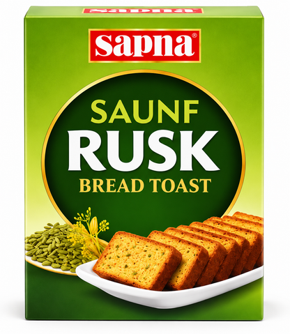 Sapna Saunf Rusk Bread Toast 600g Green Pack Featuring Golden Toasted Rusks and Fennel Seeds