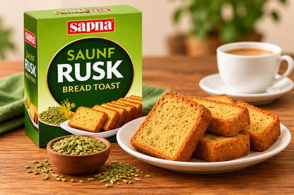 Sapna Saunf Rusk Pack with Golden Toasted Rusks, Fennel Seeds and a Cup of Tea on a Wooden Table