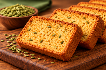Close-Up of Golden Toasted Saunf Rusks with Fennel Seeds Arranged on a Wooden Board