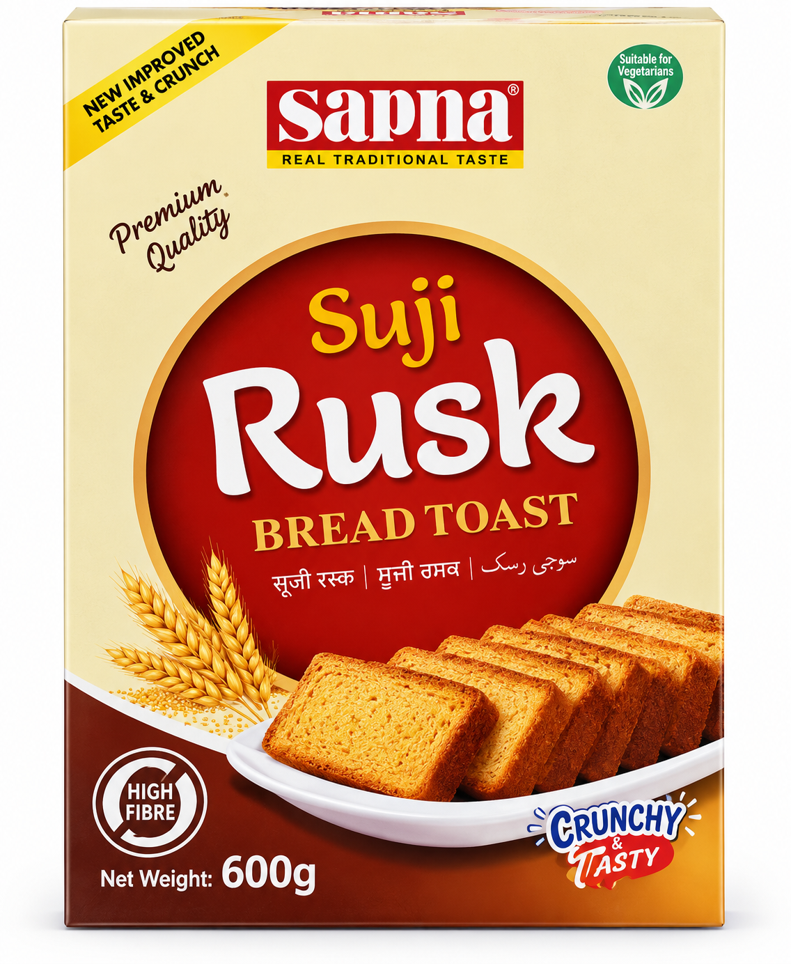 Sapna Suji Rusk Bread Toast 600g Pack with Golden Toasted Rusks on Cream and Brown Packaging