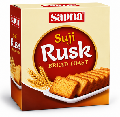 Sapna Suji Rusk 600g Box Shown at an Angle with Cream and Red Packaging and Golden Toasted Rusks