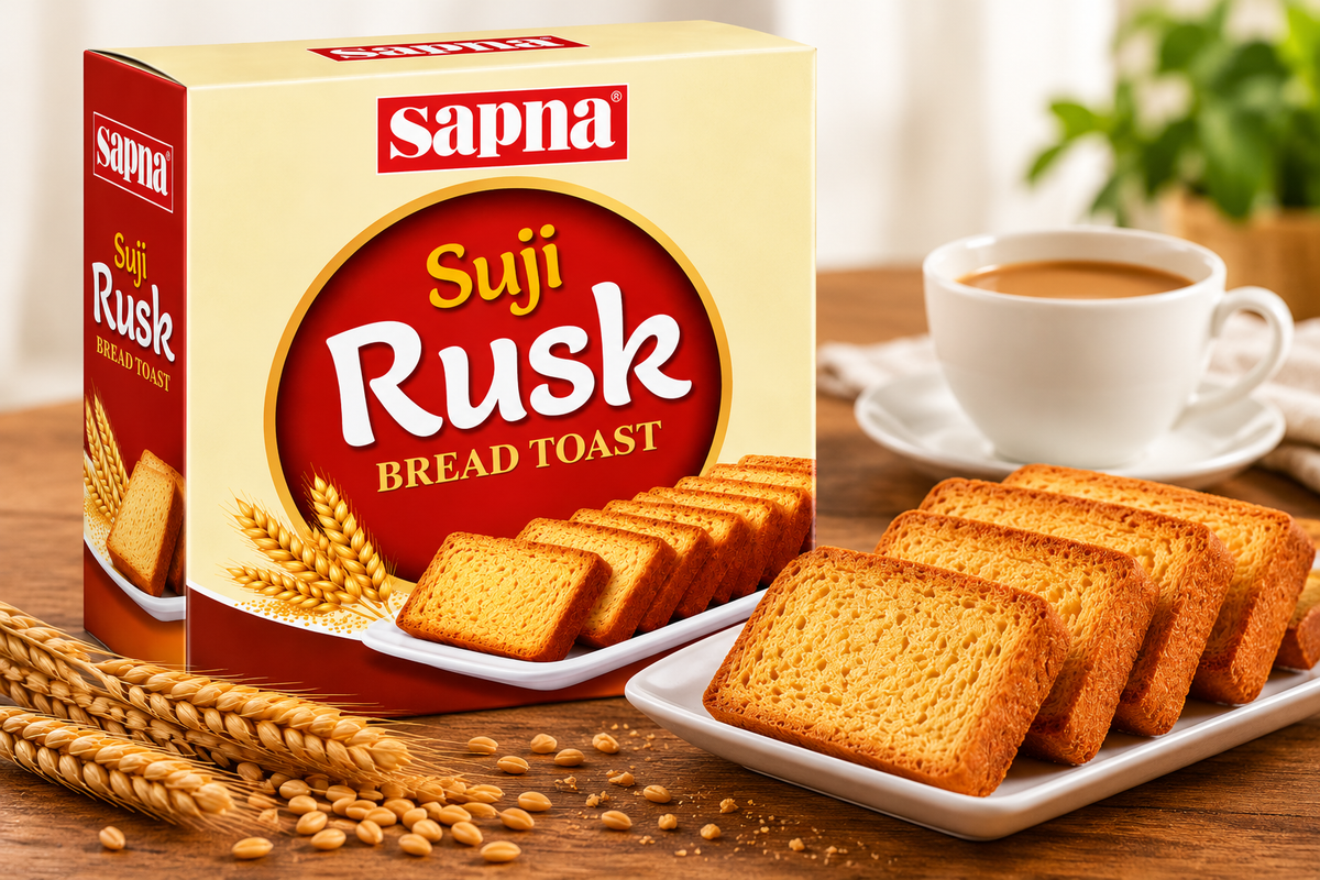 Sapna Suji Rusk 600g with Golden Toasted Rusks on a Plate, a Cup of Tea and Wheat Grains on a Wooden Table