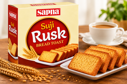 Sapna Suji Rusk 600g with Golden Toasted Rusks on a Plate, a Cup of Tea and Wheat Grains on a Wooden Table
