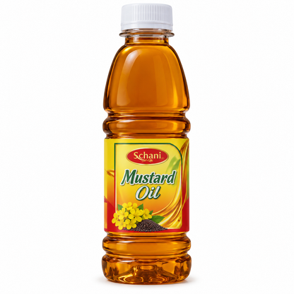 Schani Mustard Oil 250ml bottle filled with golden amber mustard oil, featuring yellow and red packaging with mustard flowers and seeds.