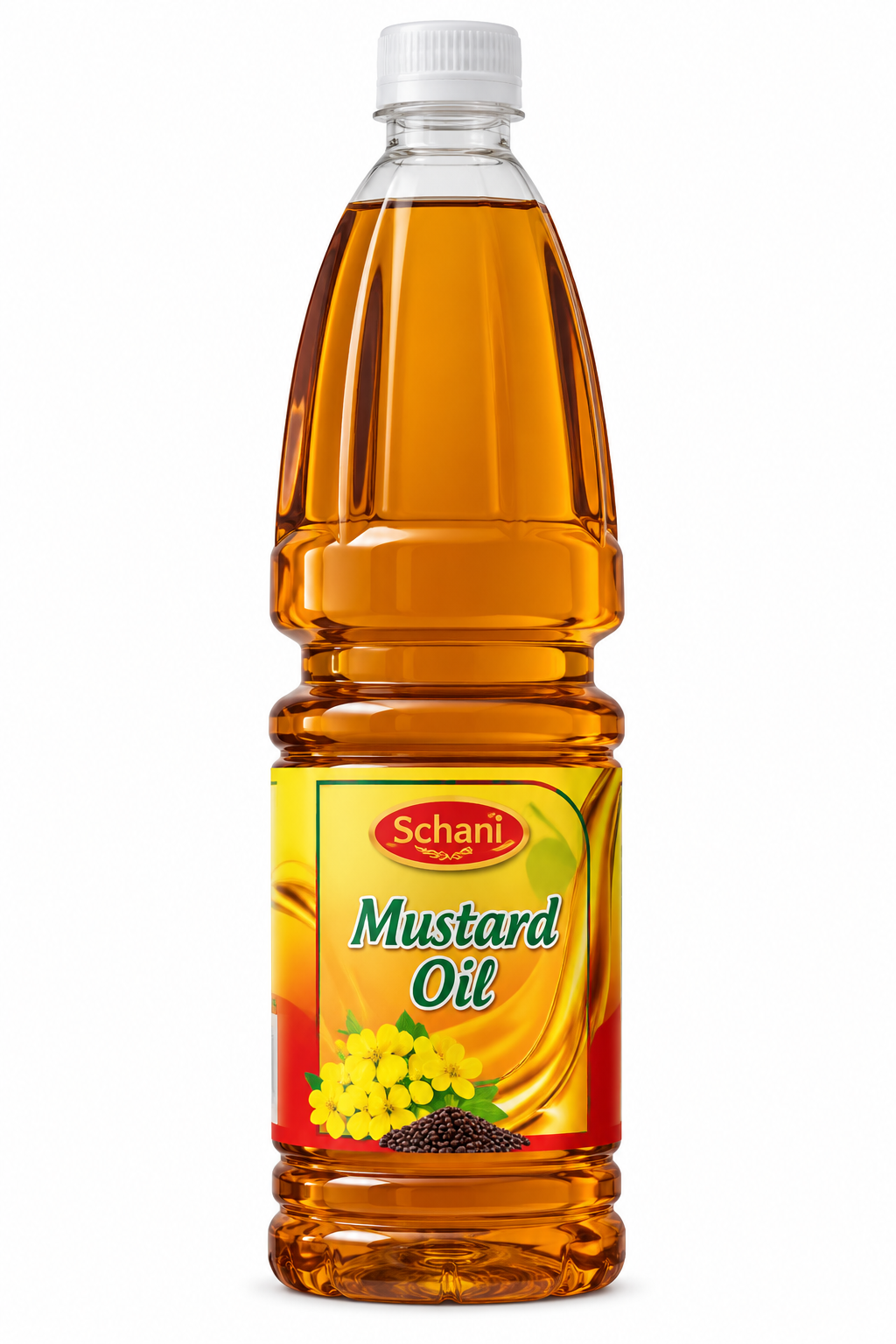 Schani Mustard Oil 500ml bottle filled with golden amber mustard oil, featuring yellow and red packaging with mustard flowers and seeds.