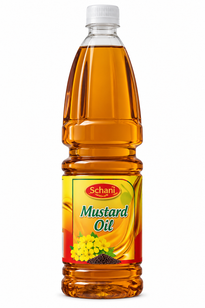 Schani Mustard Oil 500ml bottle filled with golden amber mustard oil, featuring yellow and red packaging with mustard flowers and seeds.