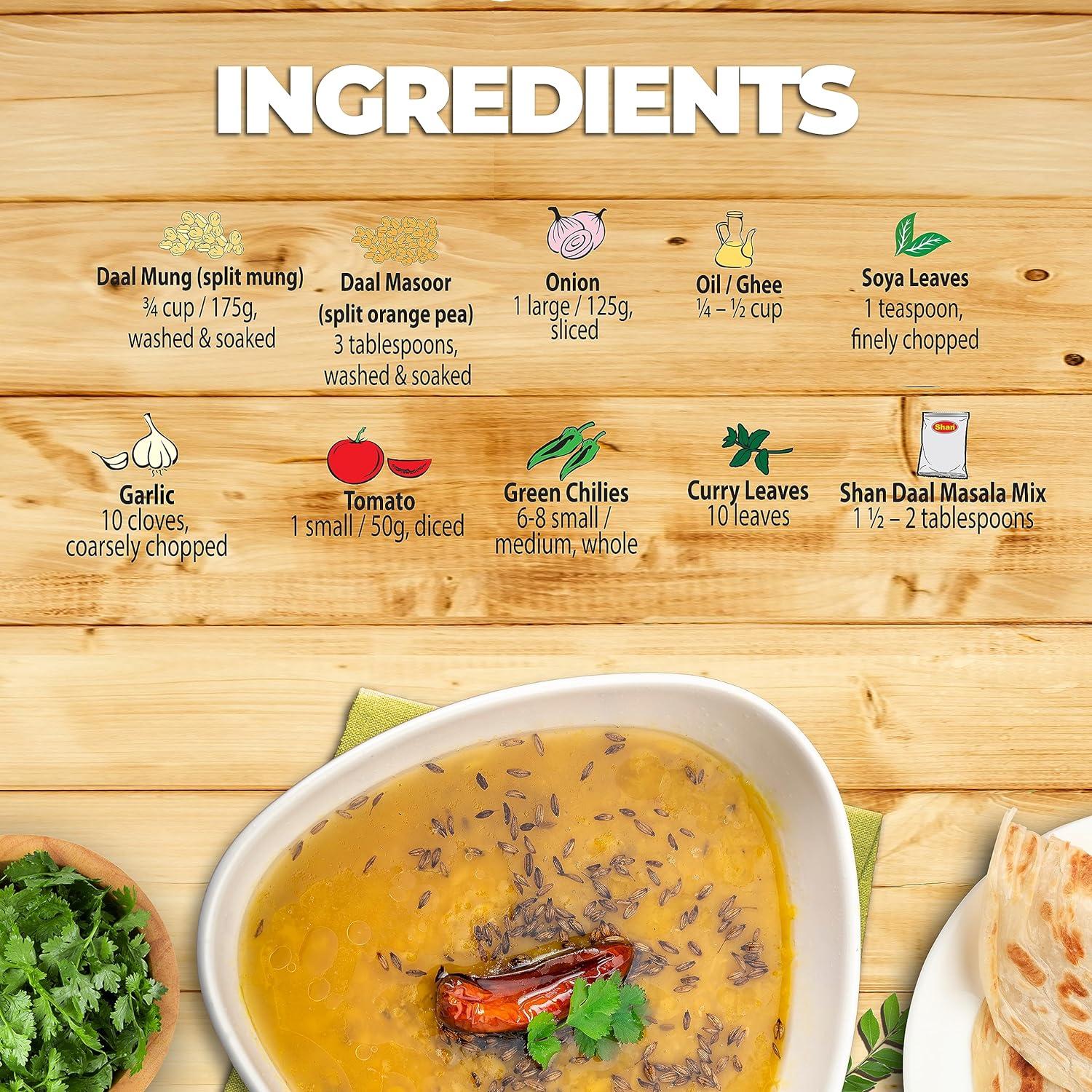 An ingredients infographic for a Dal dish, featuring a bowl of yellow-orange split mung soup at the bottom on a wooden table with roti, alongside a list of ingredients with measurements above on a wood plank background.