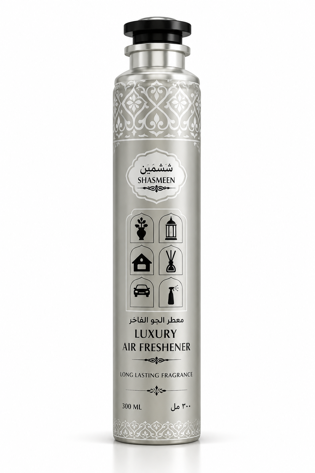 SHASMEEN Luxury Air Freshener 300ml silver aerosol spray can with black cap and elegant Arabic decorative design on a white background.