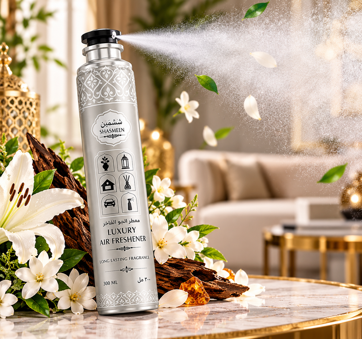 SHASMEEN Luxury Air Freshener 300ml silver spray can releasing a fine fragrance mist with white flowers and green leaves in a luxurious living room.