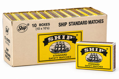 Ship Standard Safety Matches in yellow and black matchbox packaging with ship illustration and brown striker strip