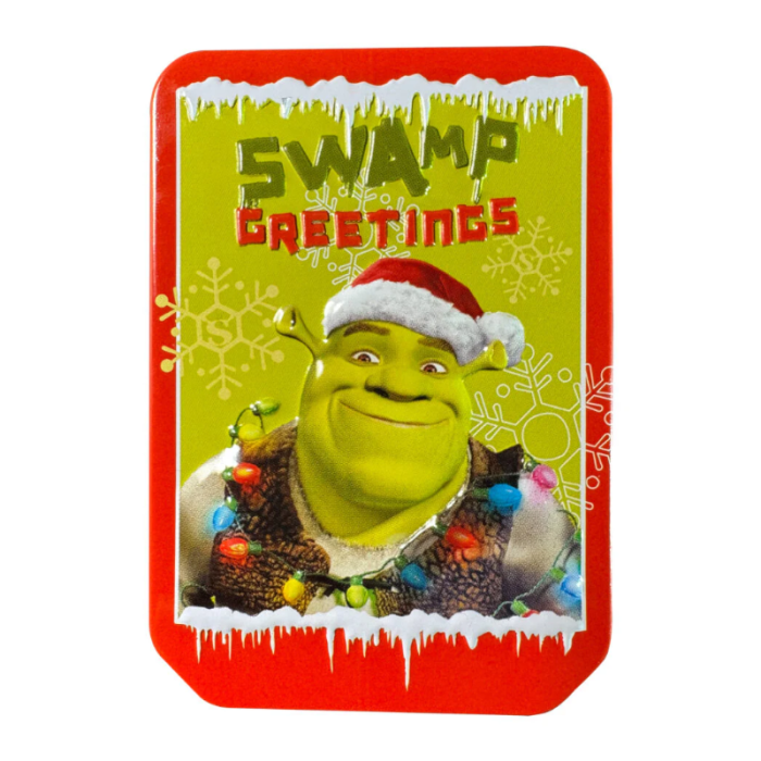 Holiday-themed Shrek the Halls collectible tin featuring Shrek and friends, perfect for festive gifting or decorating. Includes treats or candy.