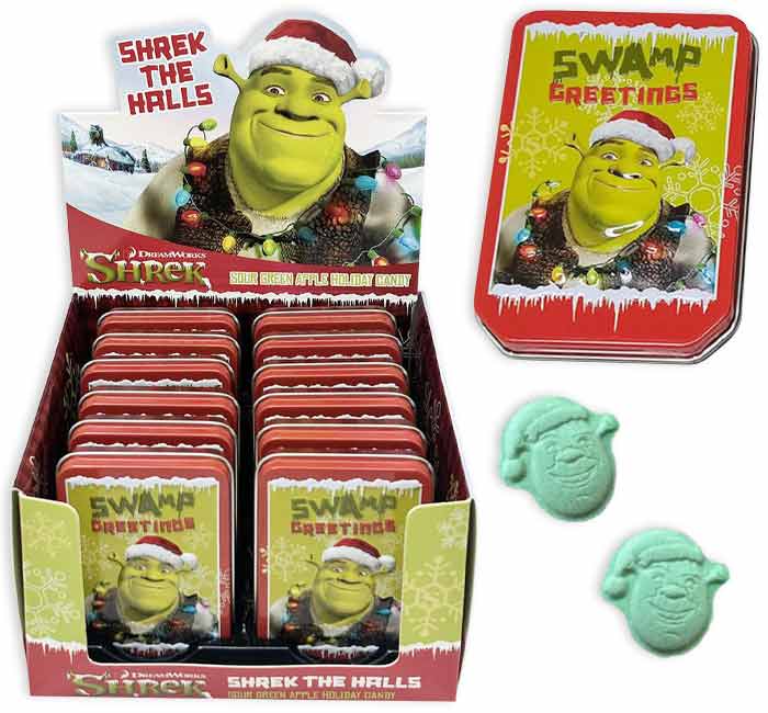 Holiday-themed Shrek the Halls collectible tin featuring Shrek and friends, perfect for festive gifting or decorating. Includes treats or candy.