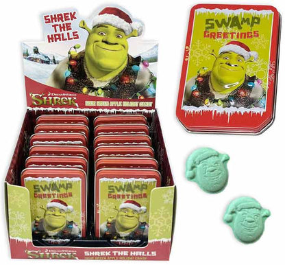Holiday-themed Shrek the Halls collectible tin featuring Shrek and friends, perfect for festive gifting or decorating. Includes treats or candy.