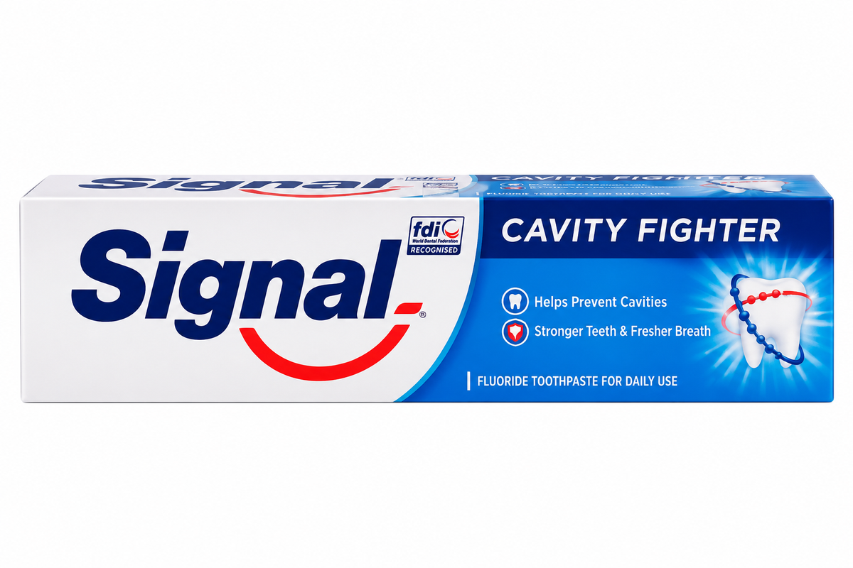 Signal Cavity Fighter Toothpaste 100g in white and blue packaging with the Signal logo, cavity protection benefits and tooth graphics.