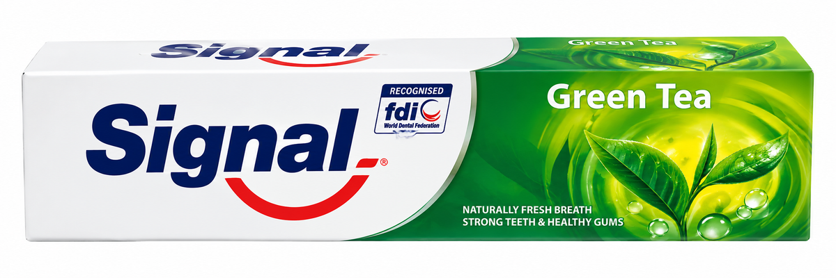 Signal Green Tea Herbal Toothpaste 100g in white and green packaging featuring the blue Signal logo with a red swoosh, green tea leaf illustrations, and fresh green and yellow design details against a clean white background.