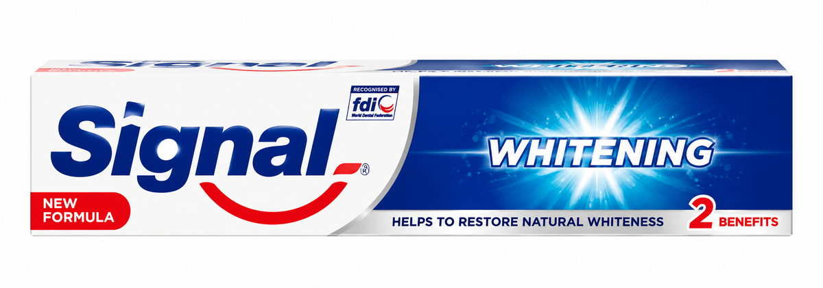 Signal Whitening Toothpaste 100g in white and blue packaging with the red Signal logo and blue whitening design on a clean white background.