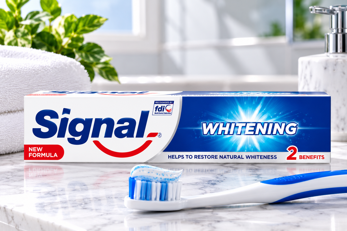 Signal Whitening Toothpaste 100g box displayed on a marble bathroom counter with a blue and white toothbrush, white towel and green plant.