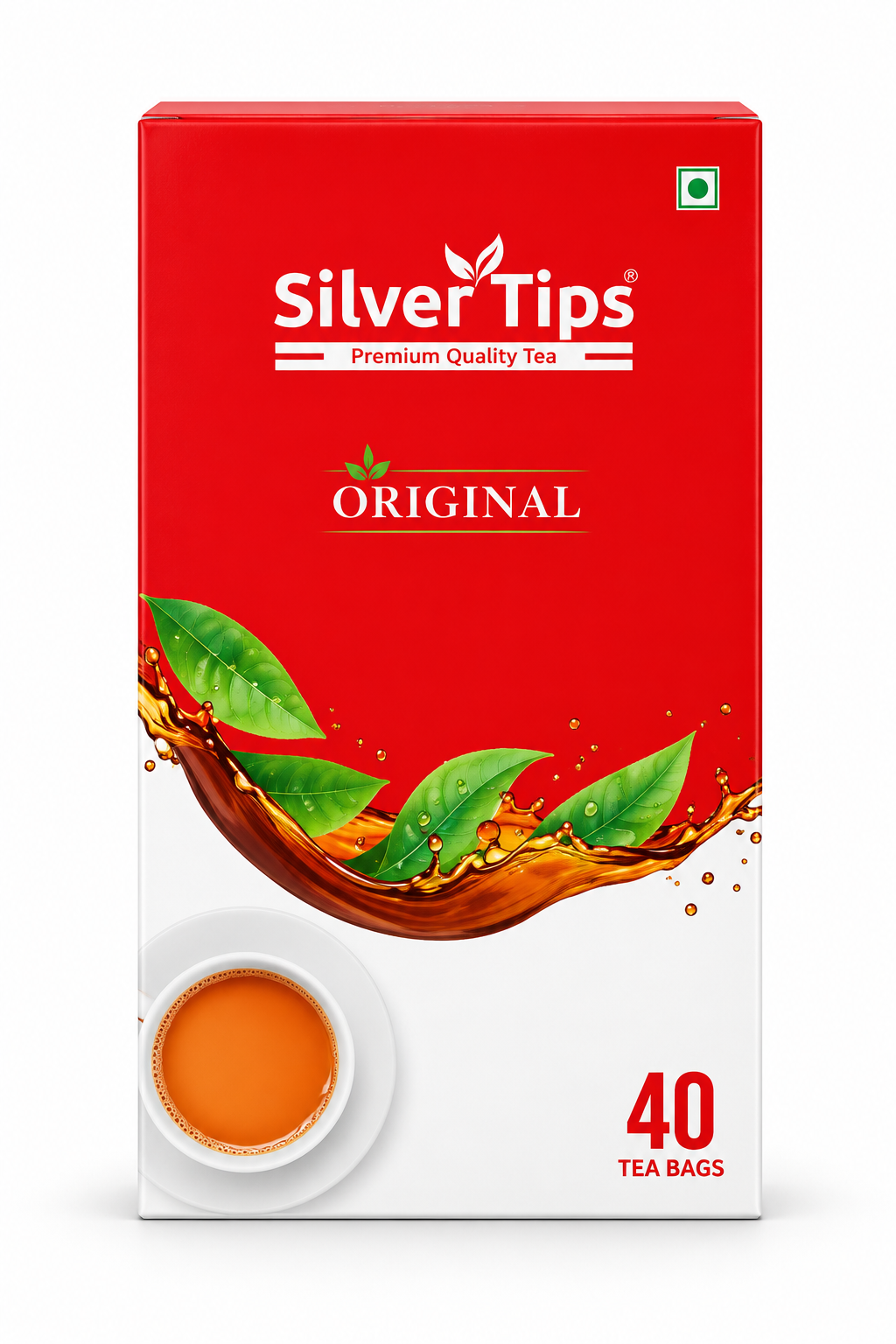 SilverTips Original Tea Bags 40-count pack featuring bright red and white packaging, the SilverTips Premium Quality Tea logo, green tea leaves, an amber tea splash, and a cup of brewed tea on the front, displayed against a clean white background.