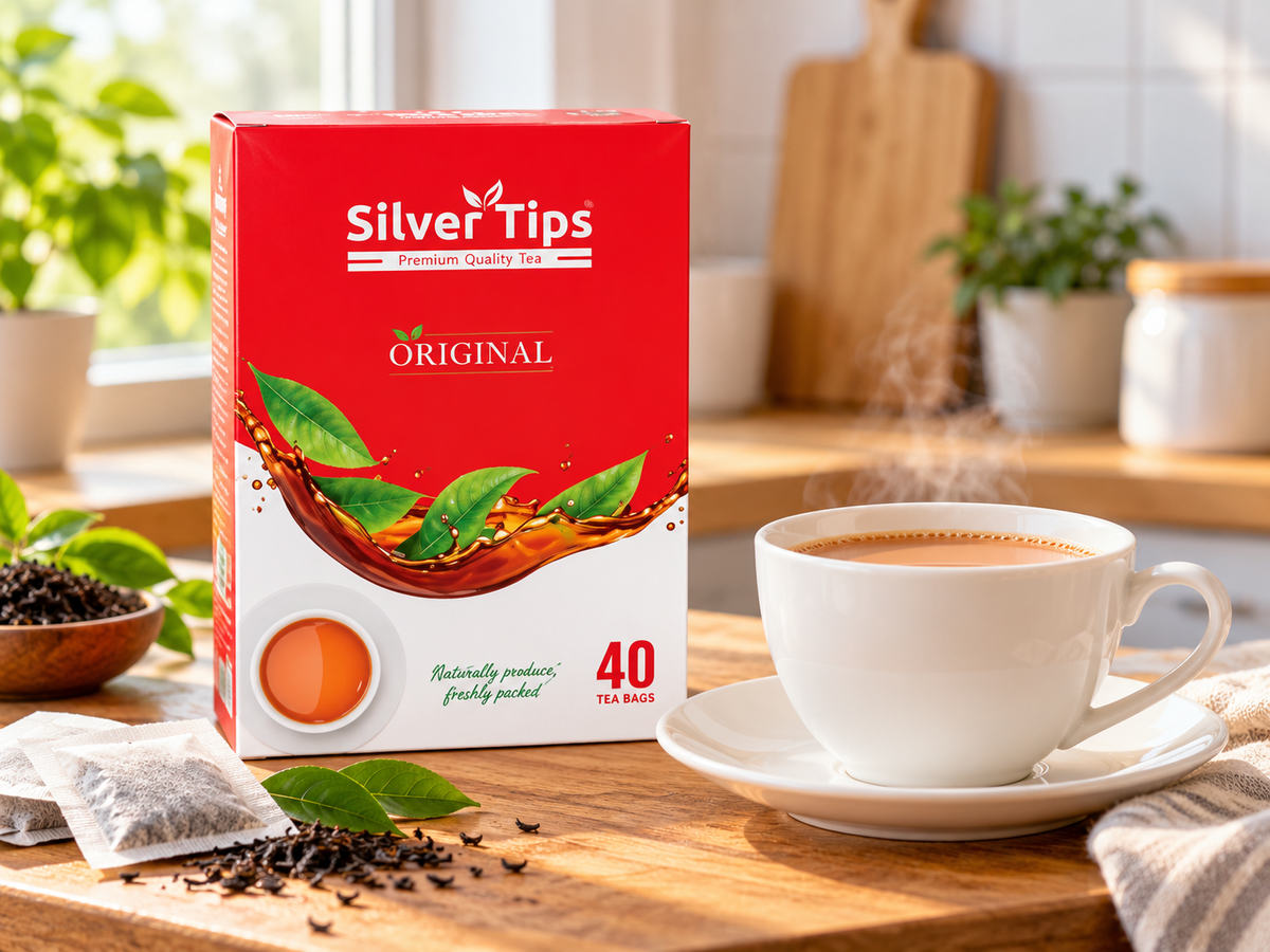 SilverTips Original Tea Bags 40-count box displayed on a wooden kitchen countertop beside a white cup of steaming amber tea, with tea bags, tea leaves, green plants, and warm natural sunlight creating a cozy tea-time setting.
