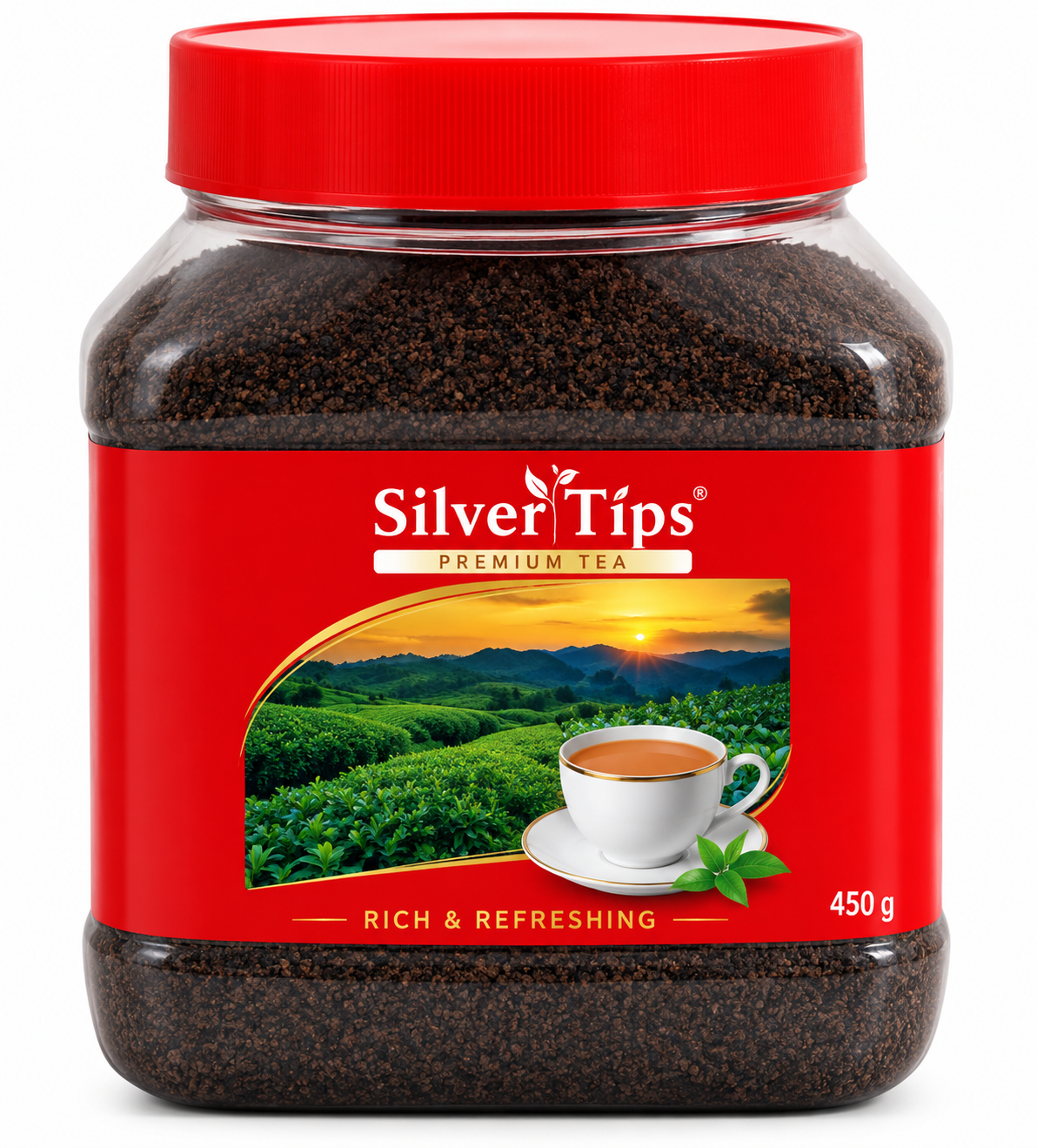 SilverTips Tea 450g jar featuring a wide red screw-top lid, a clear plastic container filled with dark tea, and a bright red label displaying the SilverTips brand name and a scenic tea garden with a cup of tea. A convenient jar of tea for preparing and enjoying a comforting cup at home.