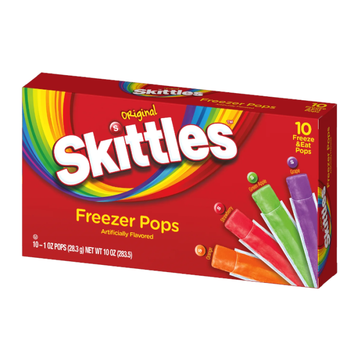Skittles freezer bars in colorful packaging, ready to freeze and enjoy.