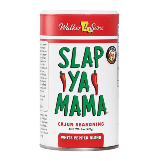 Close-up of Slap Ya Mama White Pepper Cajun seasoning showing fine spice blend.