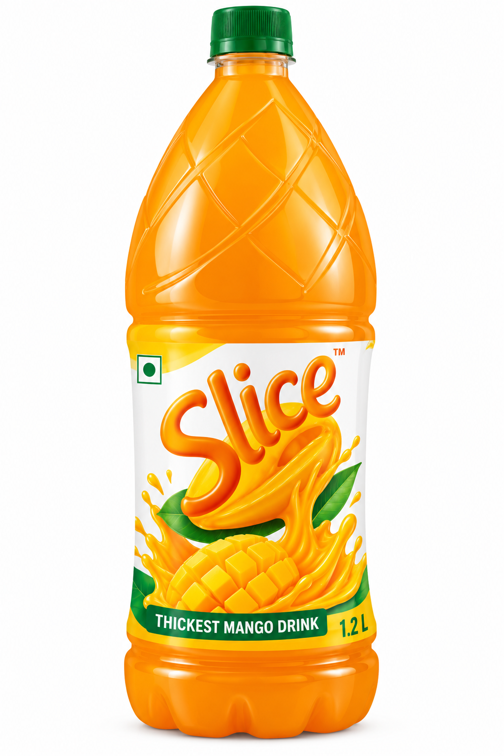 Slice Mango Drink 1.2 litre plastic bottle featuring a green cap, bright orange mango drink, white and yellow label, bold orange Slice branding, fresh mango illustrations, and a green “Thickest Mango Drink” banner.