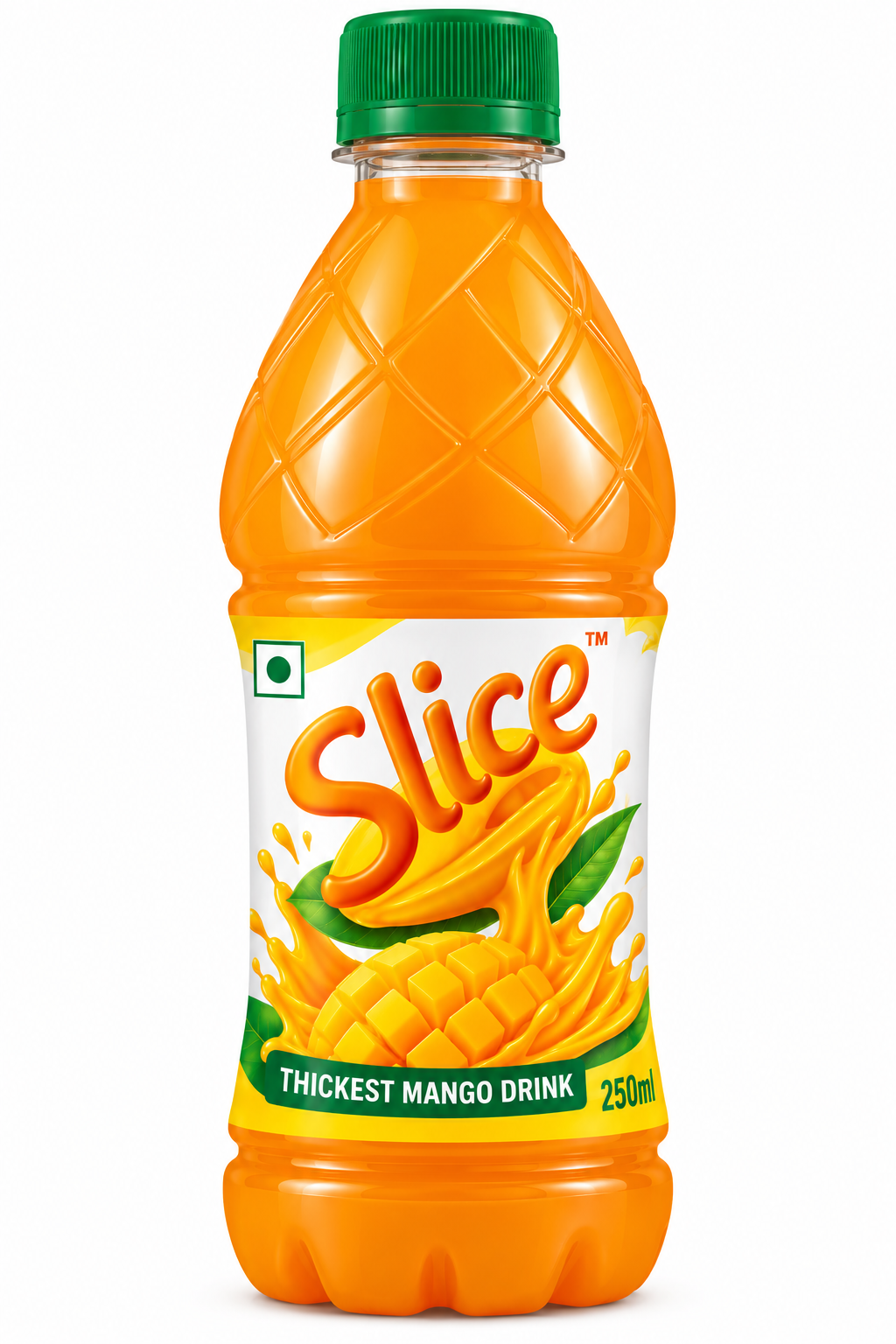 lice Mango Drink 250ml plastic bottle featuring a green cap, bright orange mango drink, white and yellow label, bold orange Slice branding, juicy mango illustrations, and a green “Thickest Mango Drink” banner.