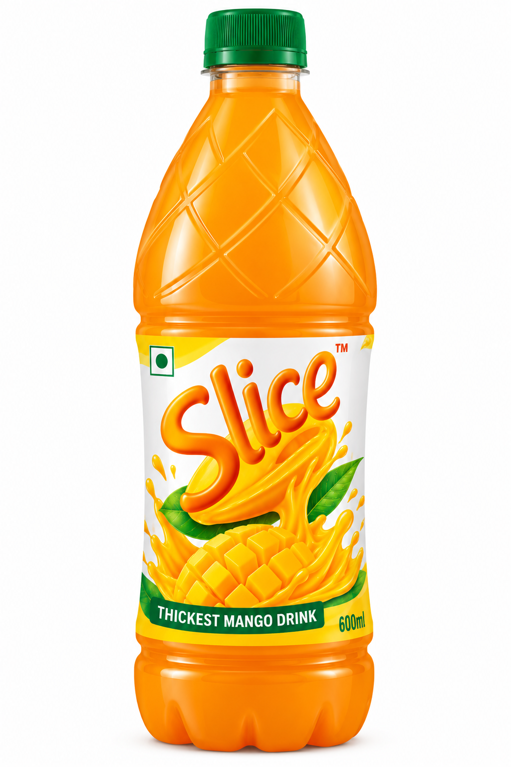 Slice Mango Drink 600ml plastic bottle featuring a green cap, bright orange mango drink, white and yellow label, bold orange Slice branding, juicy mango illustrations, and a green “Thickest Mango Drink” banner.
