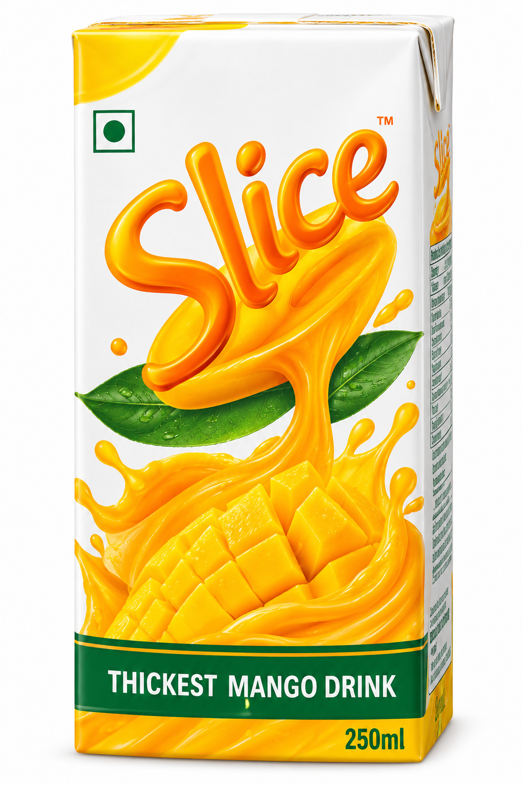 Slice Mango Drink 250ml tetra pack featuring white and yellow packaging, bold orange Slice branding, juicy mango pieces, mango splash graphics, green leaves, and a dark green “Thickest Mango Drink” label.