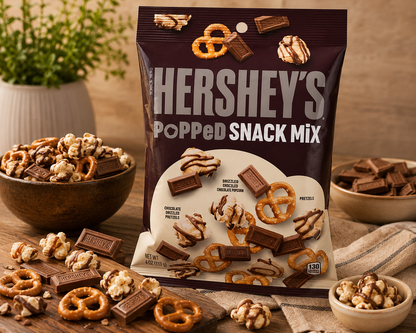 A bag of Hershey's Popped Snack Mix stands on a wooden surface with bowls of mixed nuts, pretzels, and chocolate pieces around it. The package is dark brown with large white 'HERSHEY'S' text and shows assorted chocolate-coated snacks on the front.