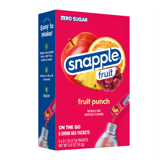 Snapple Singles To Go Fruit Punch packet, 0.6 oz, portable fruit-flavored drink mix.