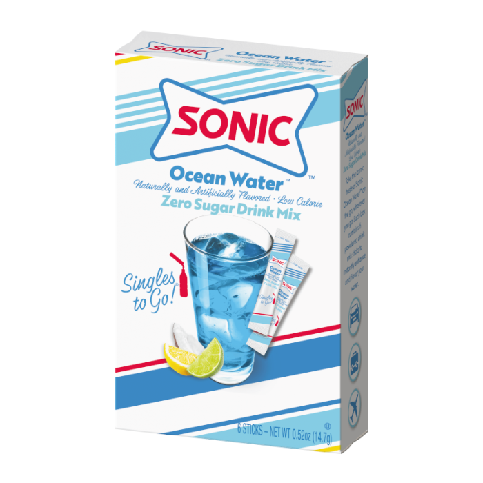 Sonic Zero Sugar Ocean Water Singles To Go drink mix, 0.75 oz (21.2 g) single-serve packet.