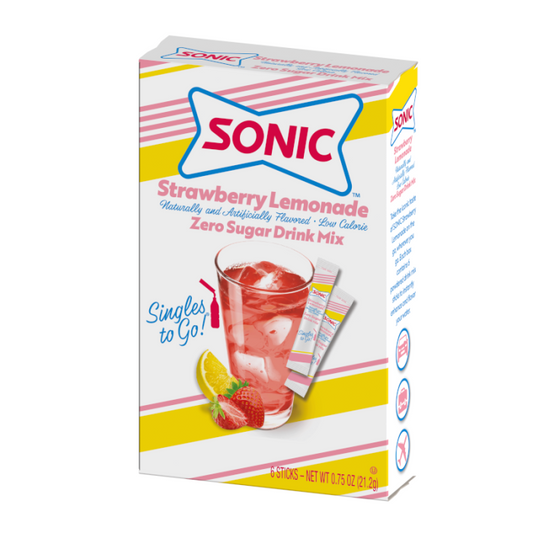 Single-serve Sonic Strawberry Lemonade Zero Sugar powdered drink mix, 0.75 oz, portable fruity mix.