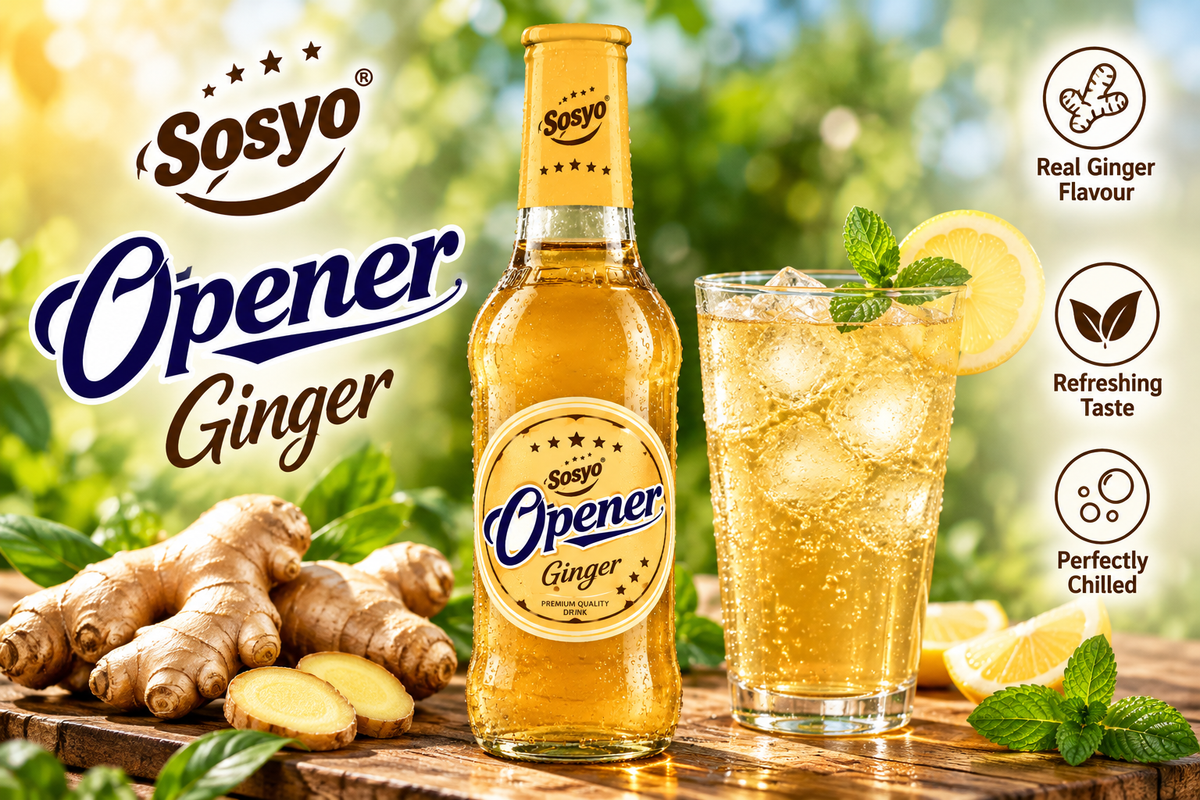 Sosyo Opener Ginger Drink 250ml glass bottle displayed with fresh ginger root and a chilled golden ginger drink in a glass.