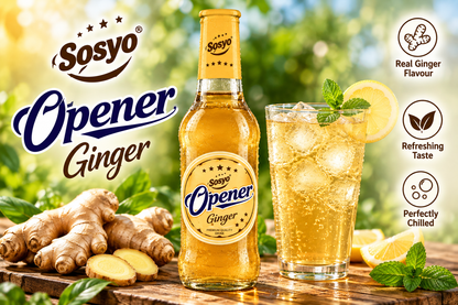 Sosyo Opener Ginger Drink 250ml glass bottle displayed with fresh ginger root and a chilled golden ginger drink in a glass.