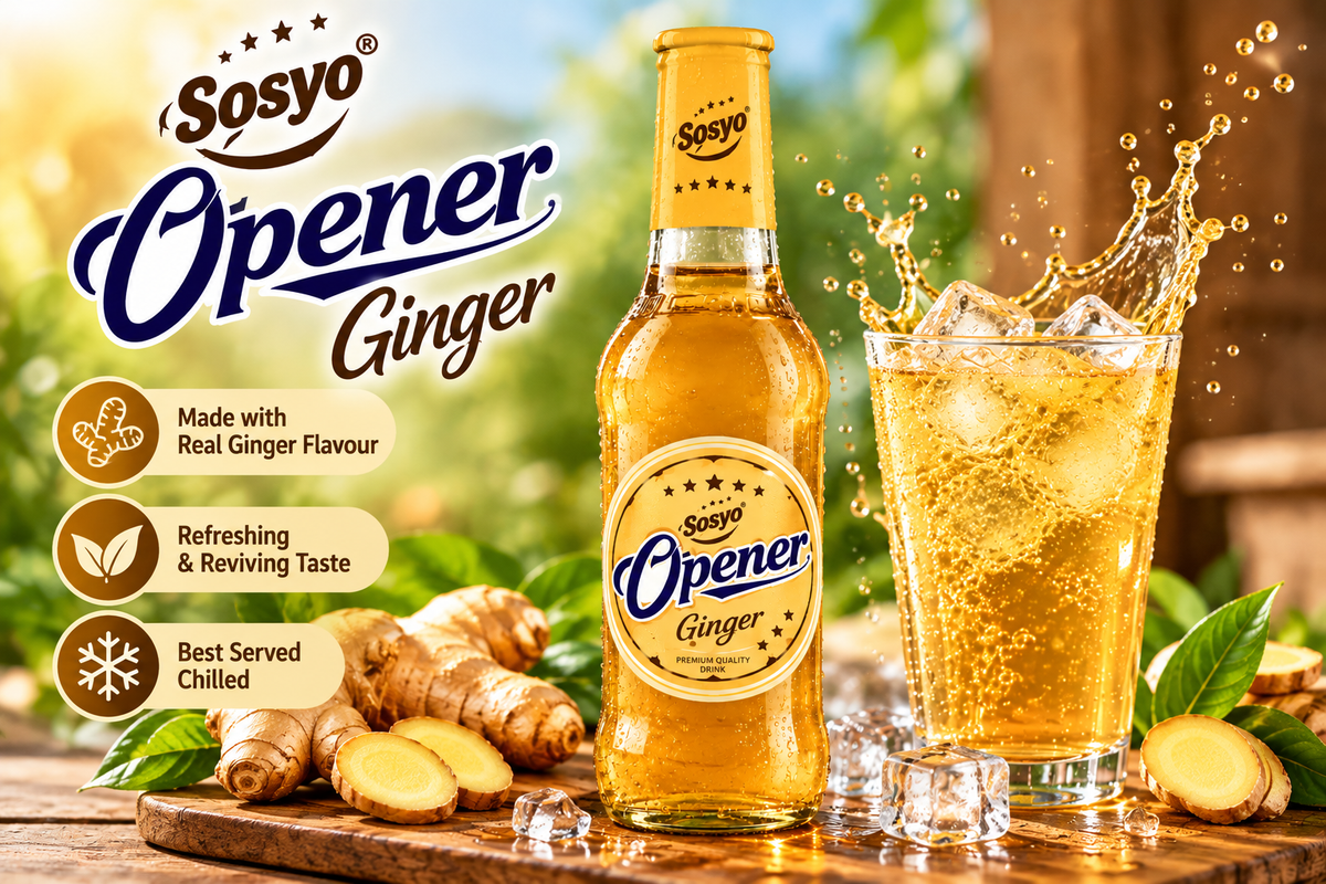 Sosyo Opener Ginger Drink 250ml bottle with a glass of chilled golden beverage, fresh ginger, ice and green leaves in a promotional setting.