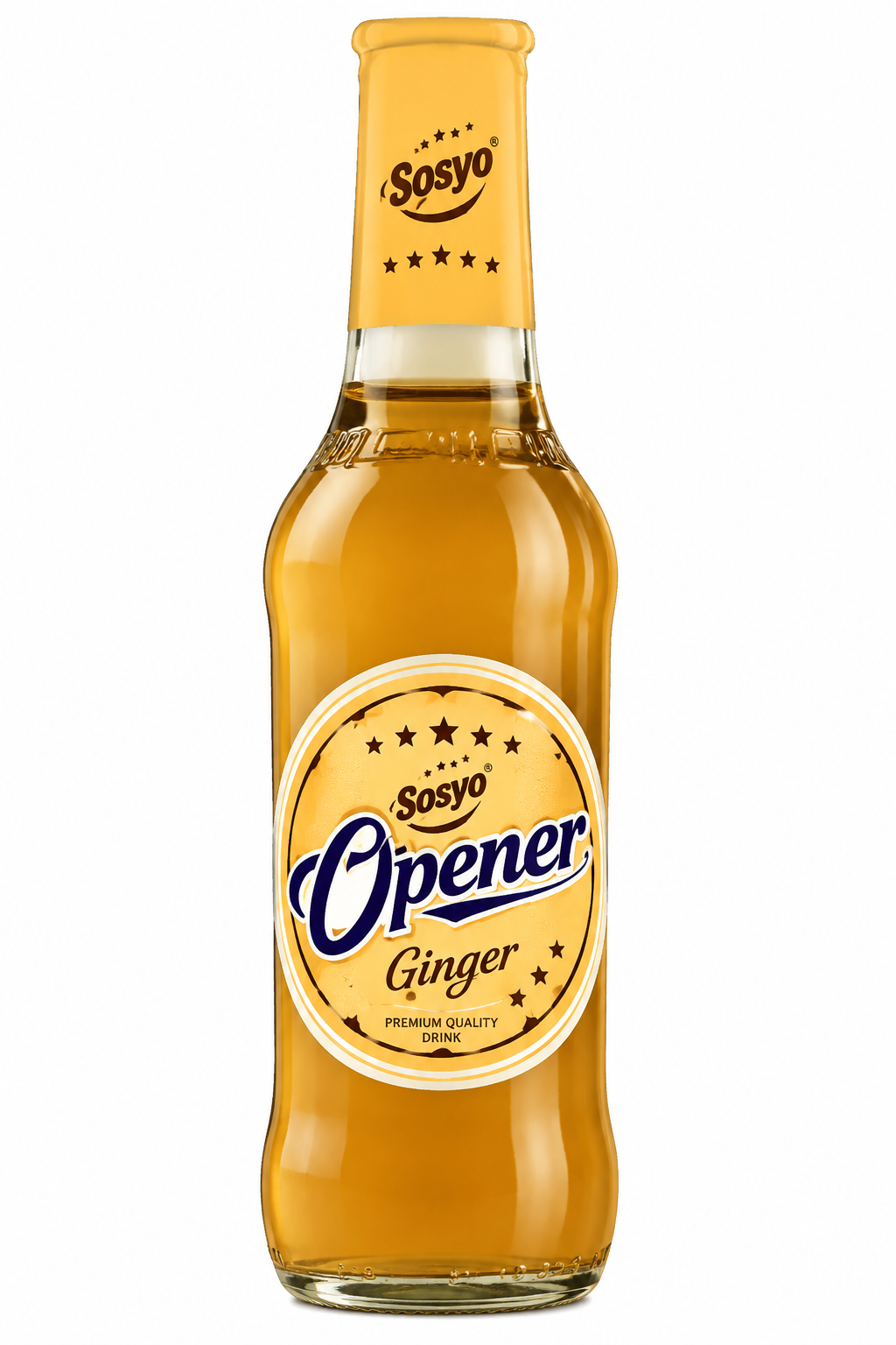 Sosyo Opener Ginger Drink 250ml glass bottle with golden amber beverage and cream and gold Opener Ginger label on a clean white background.