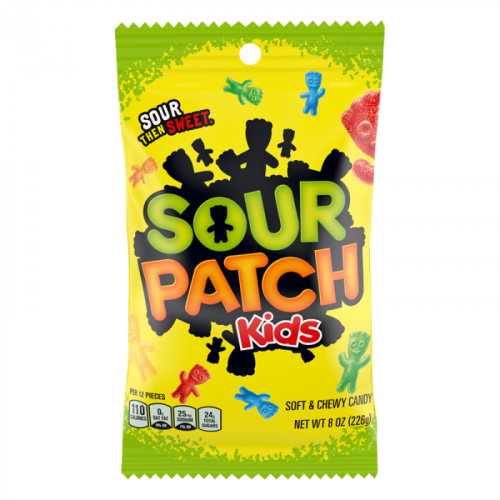 Sour Patch Kids Peg Bags (226g) featuring colorful, sour-coated gummy candies with a sweet center.