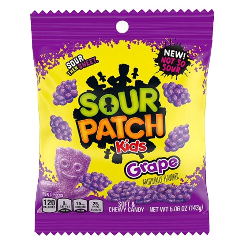 Bulk pack of 12 Sour Patch Kids Grape gummies, soft and chewy candy in individual 102 g bags.