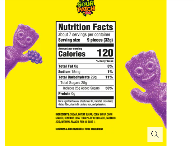 Close-up of grape-flavored Sour Patch Kids gummies with sugar coating, in a bulk 12-pack.